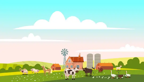 Vector illustration of Lovely Countryside landscape village farm green hills fields, nature, bright color blue sky. Spring, summer country scenery panorama agriculture, farming animals farm cows, duck, ram, sheeps. Vector illustration