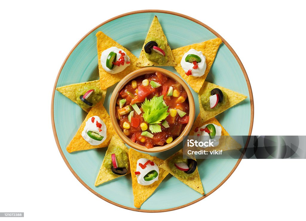 Nachos mit dips und einer Schüssel salsa - Lizenzfrei Mexikanische Küche Stock-Foto