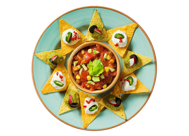 Tortilla chips arranged around a bowl of salsa