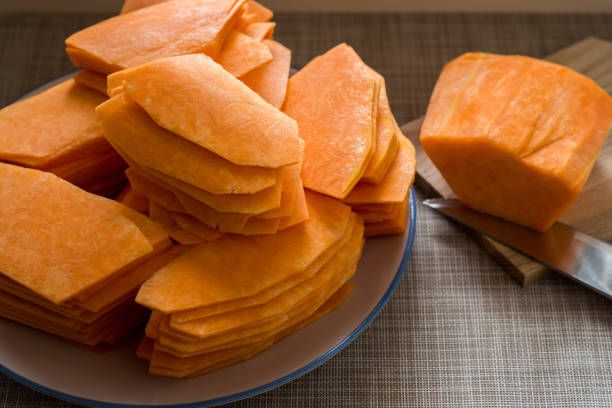istock yellow pumpkin cut into slices and put on a plate 1210726929