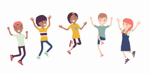 Happy joyful children jumping with joy Happy joyful children jumping with joy. Cute kids having fun, diverse group of school friends enjoy free time together, entertainment or holiday activity. Vector flat style cartoon illustration carefree stock illustrations