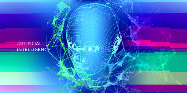 istock Technology glitch color background  with grid face on black.  Futuristic artificial intelligence concept. Computer communication technology.  AI. 1210731756