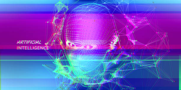 istock AI. Technology glitch color background  with grid head on blue . Futuristic artificial intelligence presentation. Computer communication technology. 1210731788
