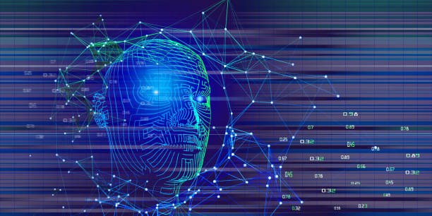 istock Technology background of 3d grid  head with blurred lines on dark. Artificial intelligence concept for business and sciense.  AI. 1210731798