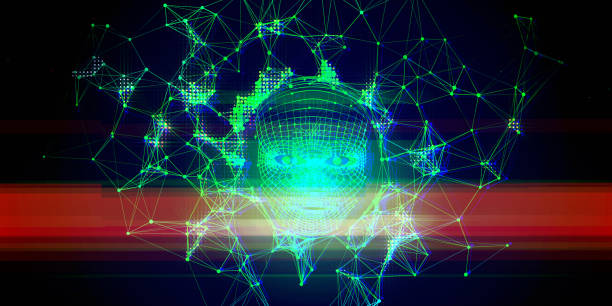 Technology glitch color background  with grid face on black.  AI. Futuristic artificial intelligence presentation. Computer communication technology.