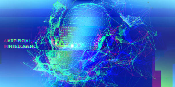 istock Technology glitch color background  with head face on blue.  Futuristic artificial intelligence presentation. Computer communication technology.  AI. 1210731837