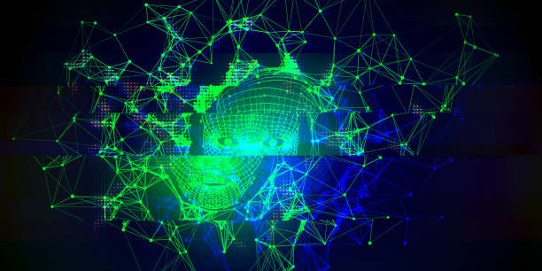 istock Technology glitch color background  with grid face on black.  Futuristic artificial intelligence presentation. Computer communication technology.  AI. 1210731842