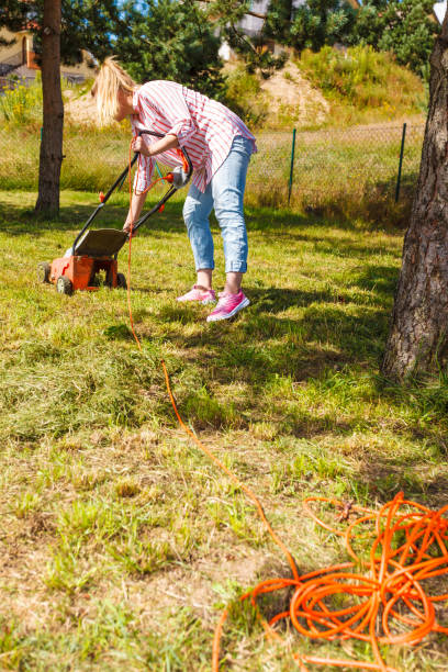 istock Woman mowing green grass 1210733438