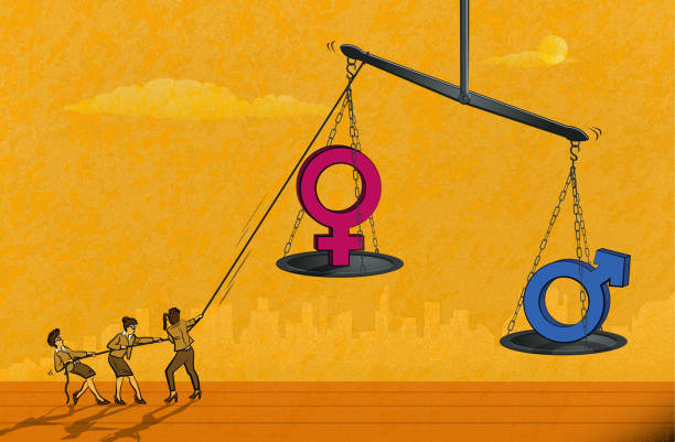 Gender Inequality and Women's Solidarity Gender Icons on an unbalanced scale and a group of women try to achieve the balance. (Used clipping mask) gender equality stock illustrations