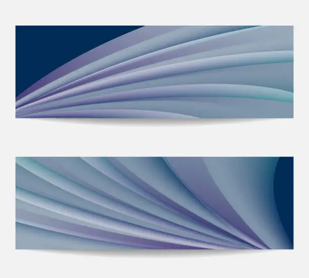 Vector illustration of Set of 2 banners with 3d pattern. Vector purple, teal waves, dark blue background. Templates with wavy curves. Layouts for flyer, leaflet, website, certificate. Line art abstract design. EPS10 illustration