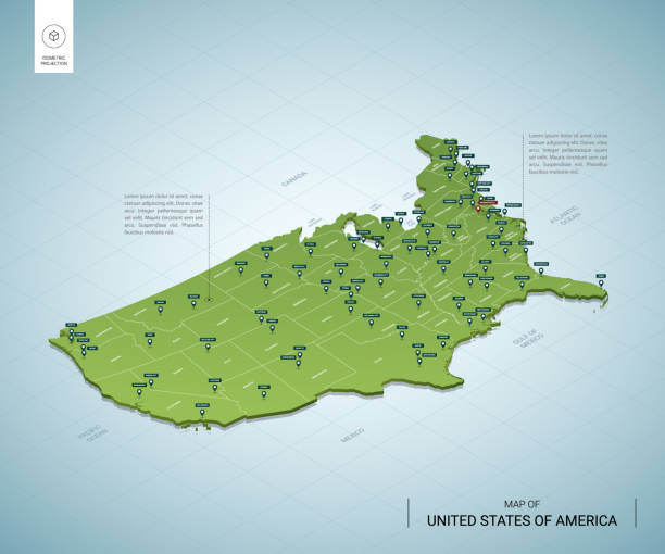 アメリカ合衆国の様式化された地図。都市、国境、首都ワシントン、地域との等角投影3dグリーンマップ。ベクターの図。編集可能なレイヤーに明確なラベルが付いています。英語。 - capital cities点のイラスト素材／クリップアート素材／マンガ素材／アイコン素材