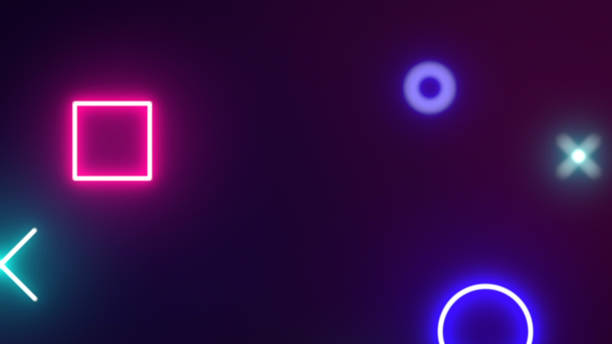 istock Blue and pink colored neon geometric shapes abstract background with copy space. 1210736390