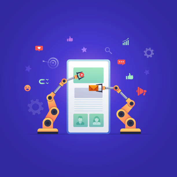 Robotic hands building marketing on smart phone. Vector Illustration Robotic hands designing and managing social media or mobile application. Automate ui, ux design or social media marketing. email marketing automation stock illustrations