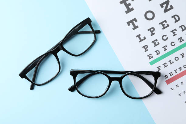 istock Glasses and eye test chart on blue background, top view 1210738594