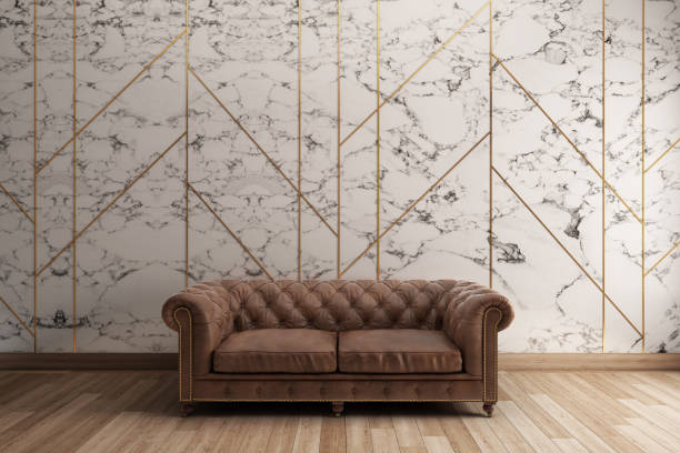 istock Classic sofa with white marble pattern wall & Wooden Floor. 3D illustration 1210739520