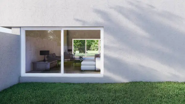 Exterior of villa on lawn and living room inside. 3D illustration