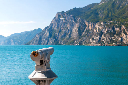A tourist telescope on Lake Garda, Italy, Europe.