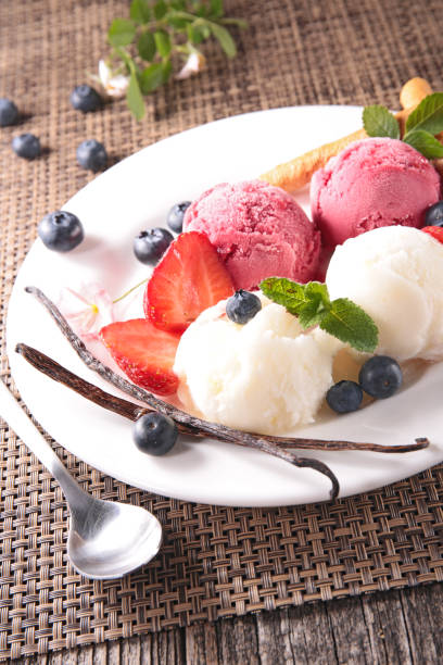 istock ice cream vanilla and strawberry ice cream in plate 1210741220