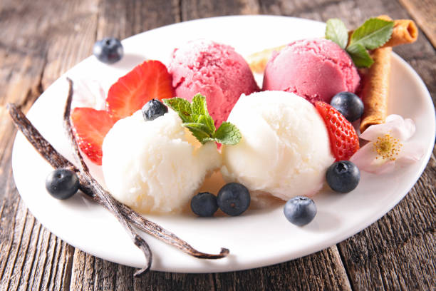 istock ice cream vanilla and strawberry ice cream in plate 1210741221