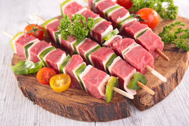 istock beef and bell pepper barbecue - skewer on wooden board 1210741494