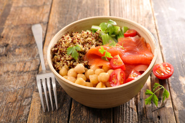 istock buddha bowl- vegetable salad with smoked salmon in bowl 1210742893