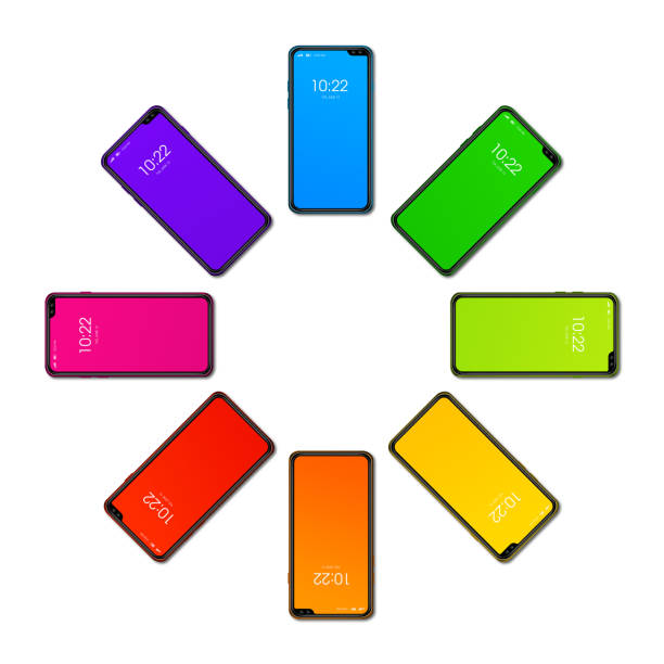 Rainbow colorful smartphone set in circle shape. isolated on white background. 3D render