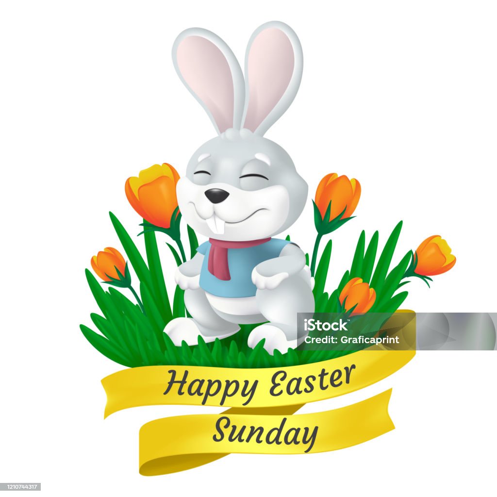 Happy Easter Sunday Golden Ribbon With Cute Bunny And Tulip ...