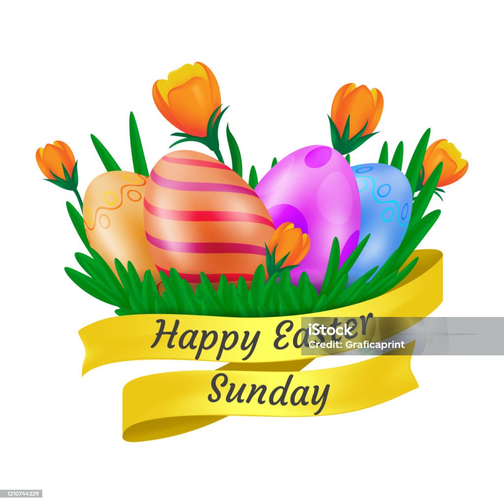 Happy Easter Sunday Golden Ribbon With Cute Orange Tulip Flowers And  Decorative Eggs Isolated On White Background Vector Illustration In 3d  Cartoon Style To Creating Your Greeting Card Graphic Design Stock  Illustration -