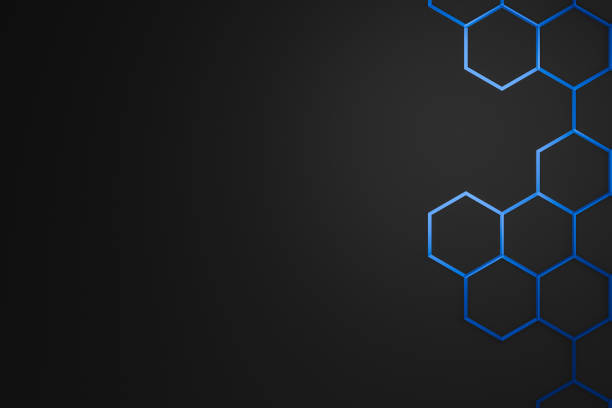 moldura de padrão hexágono azul abstrato em fundo escuro com conceito futurista. cenários de superfície e modelo de material preto. renderização 3d. - comb abstract black clean - fotografias e filmes do acervo