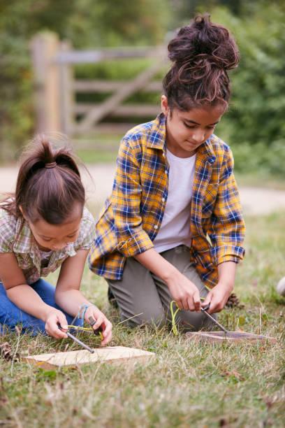 istock Two Girls On Outdoor Camping Trip Learning How To Make Fire 1210747604