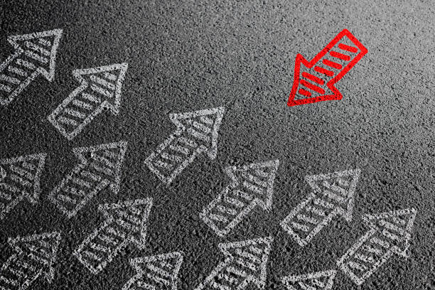 The split of society. Division of public opinion. Movement against the crowd. Think differently. Alternative choice. Separation or divorce concept. Many white and one red arrow. 3d render