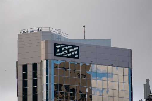 Brisbane, QLD, Australia - 26th January 2020 : IBM (International Business Machines Corporation) sign hanging on a building in Brisbane. IBM is an American multinational information technology company