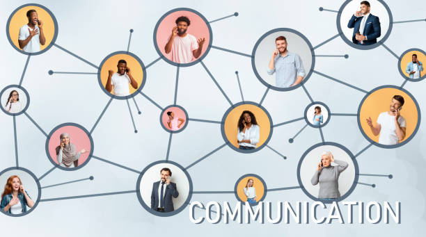 istock Global connection. Different people using mobile phones for communication, collage with digital network virtual icons 1210749163