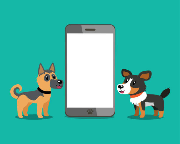 istock Cartoon character cute german shepherd and american shepherd dog with smartphone 1210749830