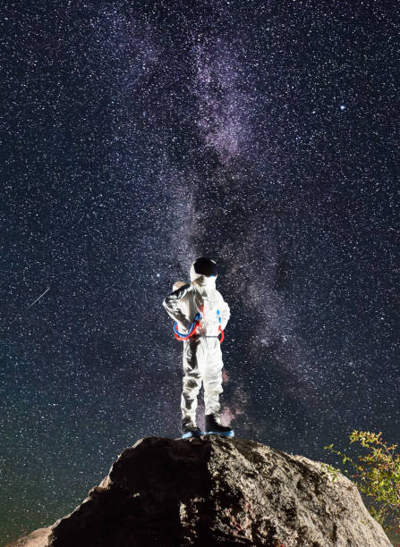 istock Spaceman standing on rocky mountain under starry sky. 1210750573