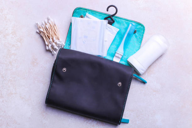Travel kit for personal care products on a white background.