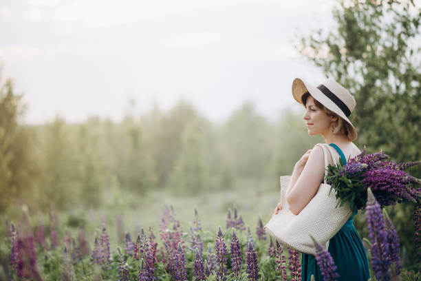 schöne romantische mädchen blondine in einem kleid und hut in einem feld mit einem strauß von lila blumen von lupinen bei sonnenaufgang. - lupine single flower flower blue stock-fotos und bilder