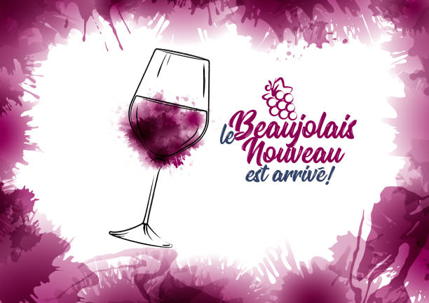 Illustration of a hand-drawn wine glass with red wine stains. French text "le Beaujolais Nouveau est arrivé", the new Beaujolais has arrived. Illustration of a hand-drawn wine glass with red wine stains. French text "le Beaujolais Nouveau est arrivé", the new Beaujolais has arrived. Background wine effect. Vector beaujolais region stock illustrations