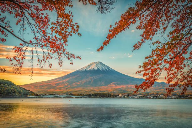 mt. fuji nad jeziorem kawaguchiko z jesiennymi liśćmi o wschodzie słońca w fujikawaguchiko, japonia. - fuji mt fuji yamanashi prefecture japanese fall foliage zdjęcia i obrazy z banku zdjęć