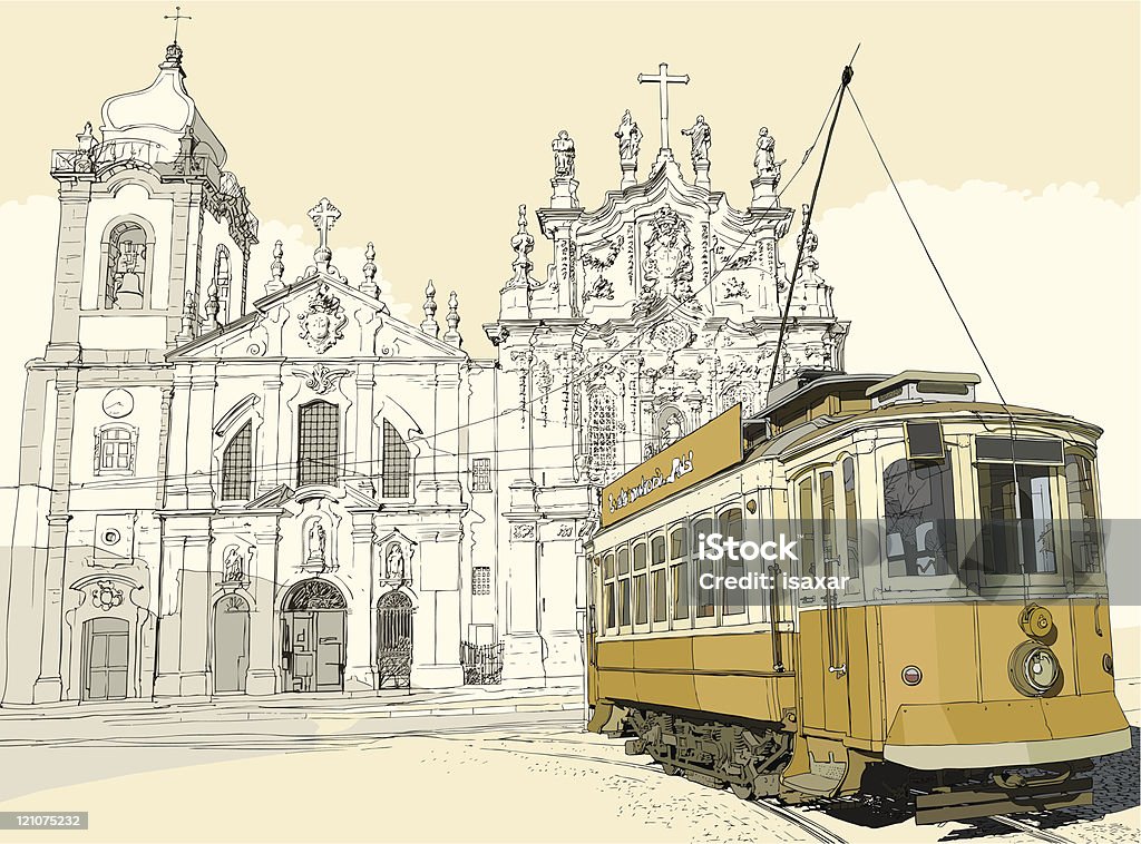 Vecchio tram a Porto - arte vettoriale royalty-free di Disegnare