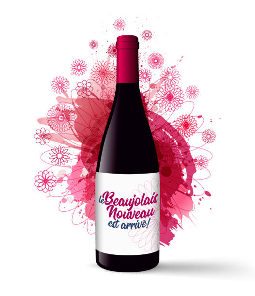 Realistic illustration of a wine bottle with the text in French "le Beaujolais Nouveau est arrivé", the new Beaujolais has arrived. Realistic illustration of a wine bottle with the text in French "le Beaujolais Nouveau est arrivé", the new Beaujolais has arrived. background wine stains and illustration of flowers with geometric lines beaujolais stock illustrations