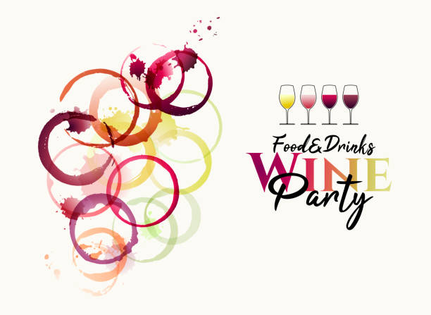 wine stains and circular marks of wine glasses. wine stains and circular marks of wine glasses. Abstract illustration of grape cluster with different colored stains of pink, white and red wine. Wine glass icons. Vector merlot grape stock illustrations