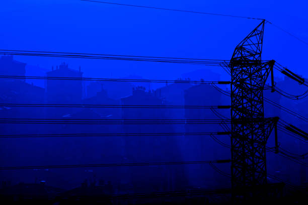 early blue morning silhouetted buildings and electricity power lines in Istanbul, Turkey
