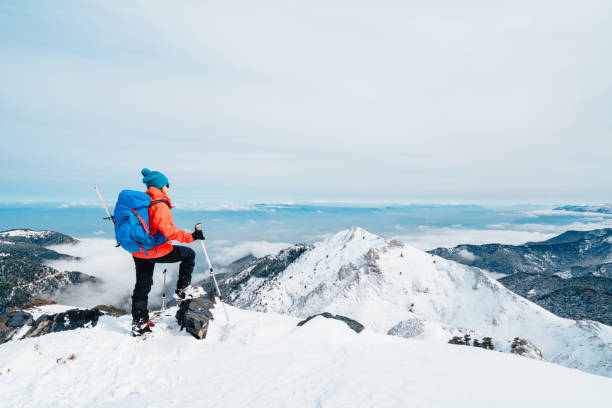 beautiful female alpine mountain climber is standing in the summit of a high altitude mountain in winter - weather time travel locations nature imagens e fotografias de stock