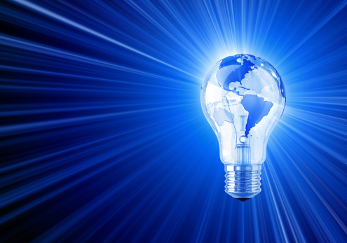 Widescreen version. LightBulb with World Map. Business background with clipping path. 3D render.