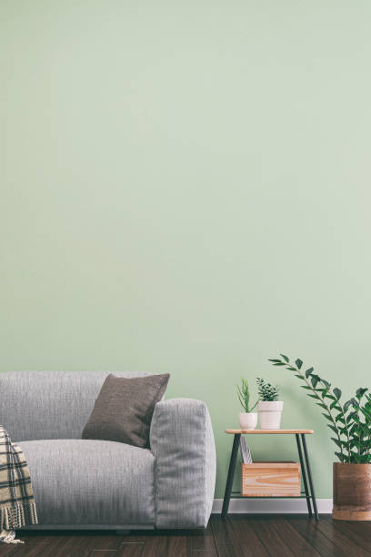 istock Empty living room with gray sofa, table and decoration 1210758383