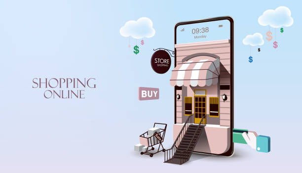 online-shopping auf website oder mobiler anwendung - online shopping stock-grafiken, -clipart, -cartoons und -symbole