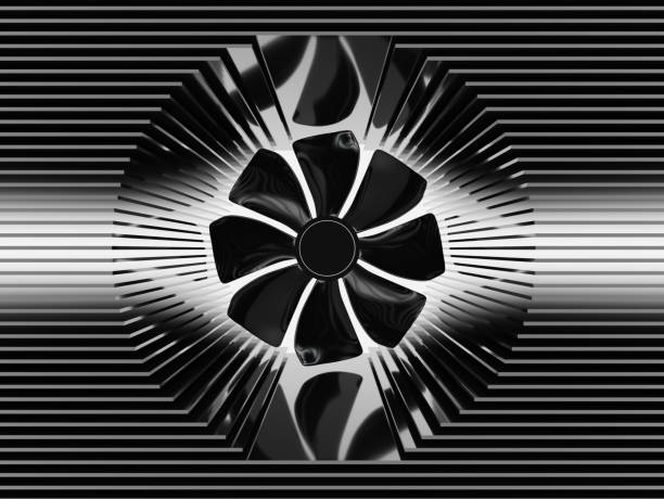 Cooling system closeup colored backlight. Fan with an aluminum radiator on a white background.