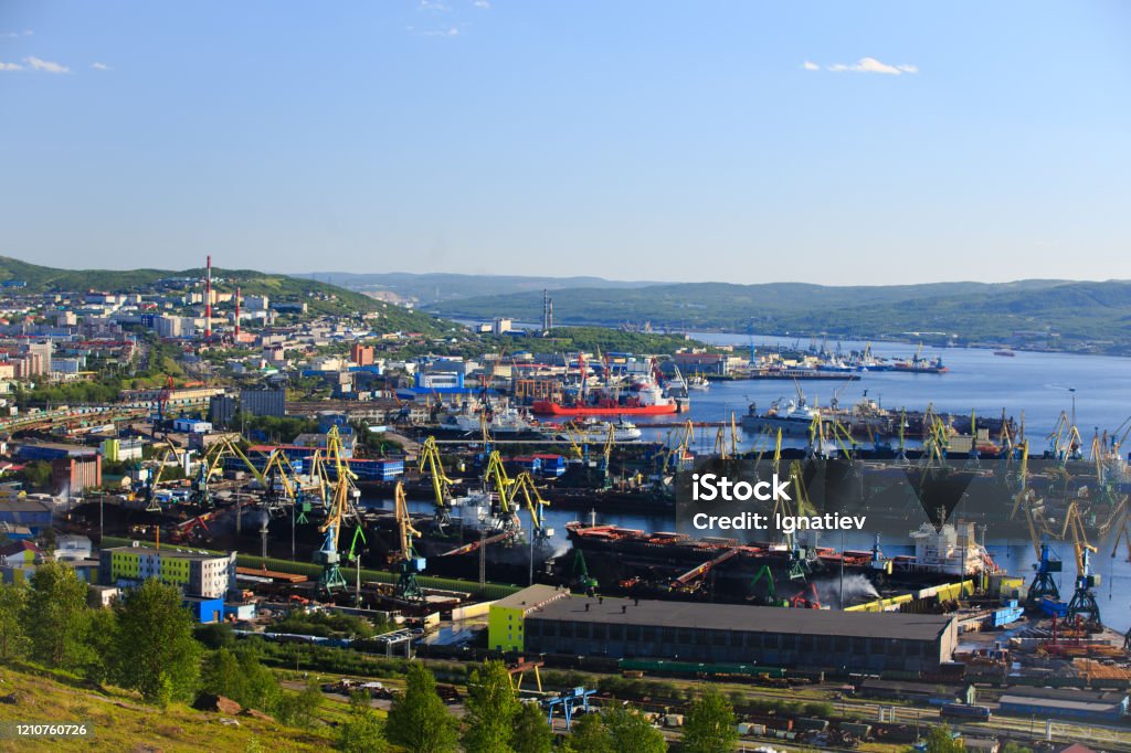 View of the Murmansk sea port The view of the summer Murmansk Murmansk Stock Photo