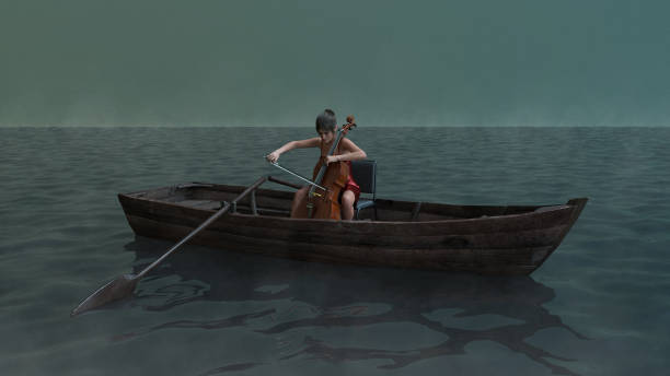 Woman in Rowboat Playing Cello In the middle of a vast and misty body of water, a woman sits on a chair in a rowboat, playing the cello. This image can illustrate a very diverse range of concepts. calm before the storm stock pictures, royalty-free photos & images